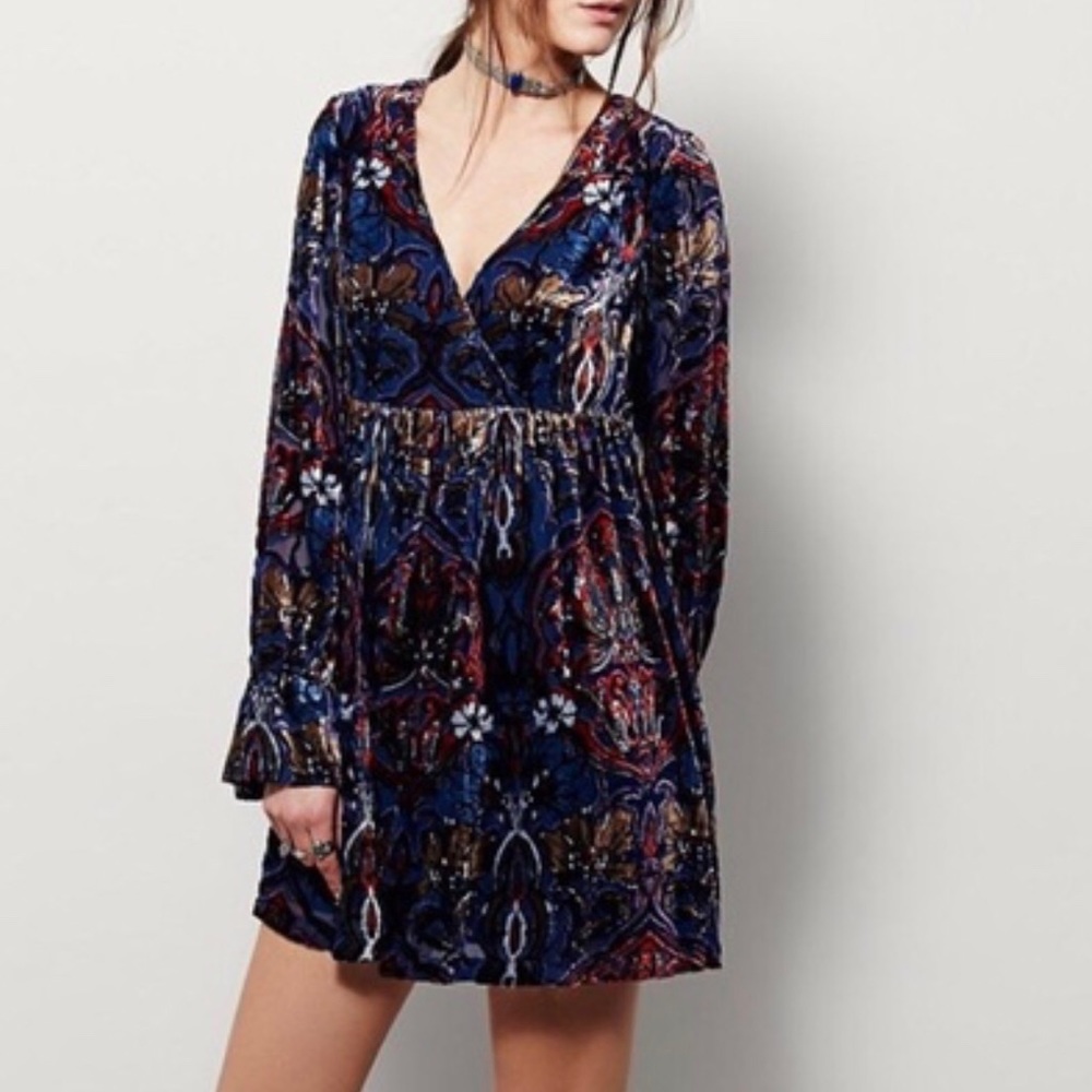 Free People Velvet Mini Dress in Blue and Red